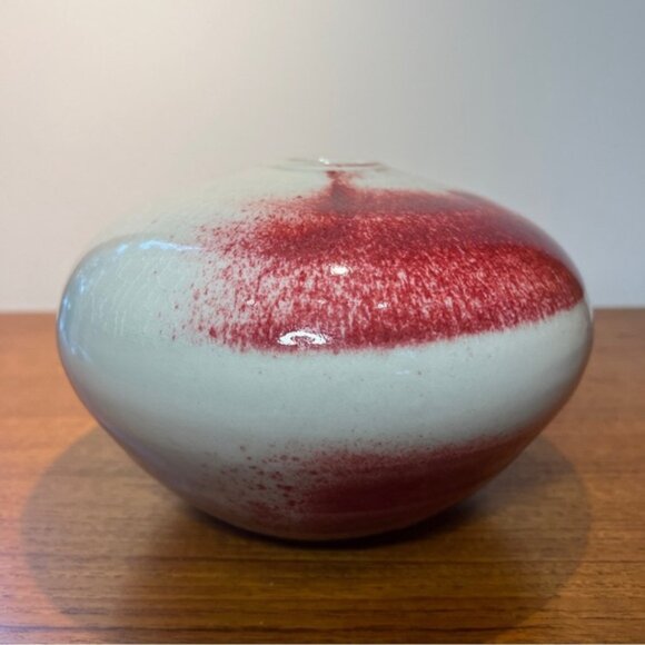 Vintage Studio Art Pottery Vase Signed 5” Redgrey Glossy Crackle Glaze MCM - Picture 4 of 12